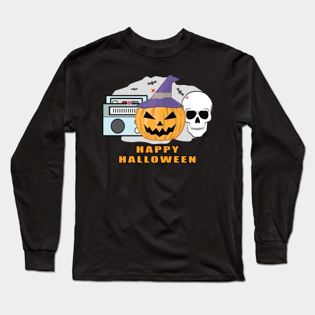 Happy Music Halloween - Spooky Skull, Pumpkin & Radio Long Sleeve T-Shirt by DesignWood Atelier